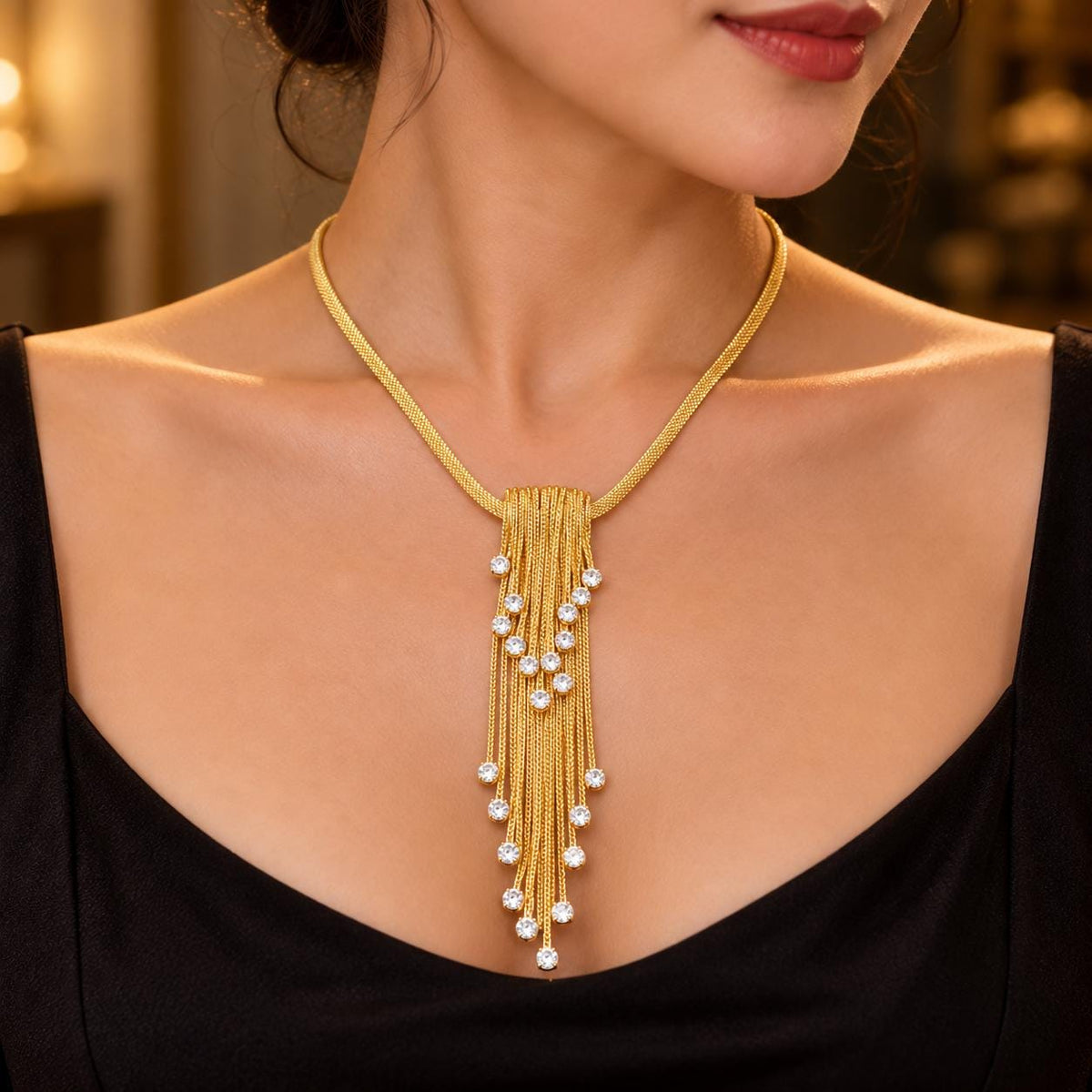 Gold tassel necklace styled look