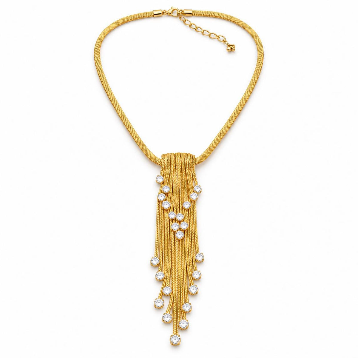 Gold tassel necklace worn on model