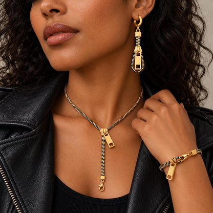 Zipper jewelry set necklace earrings bracelet in gold