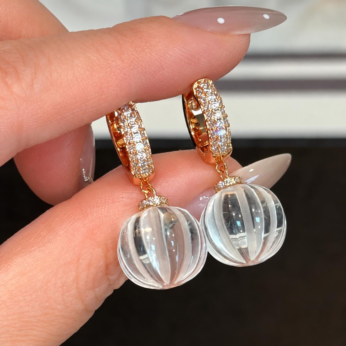 Clear glass bead earrings size and scale