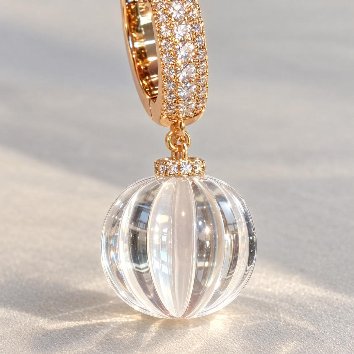 Clear glass bead earrings worn on model