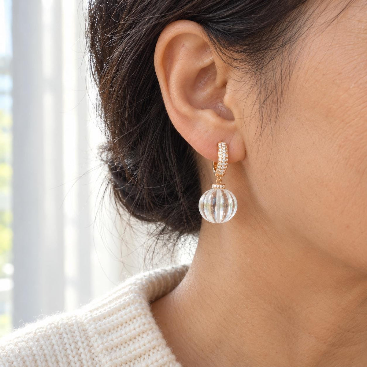 Clear glass bead earrings huggie crystal detail