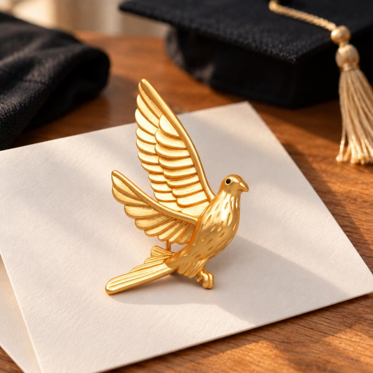 Brass dove brooch on neutral background