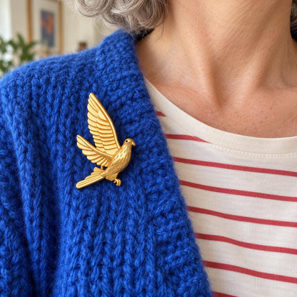 Brass dove brooch - close-up detail