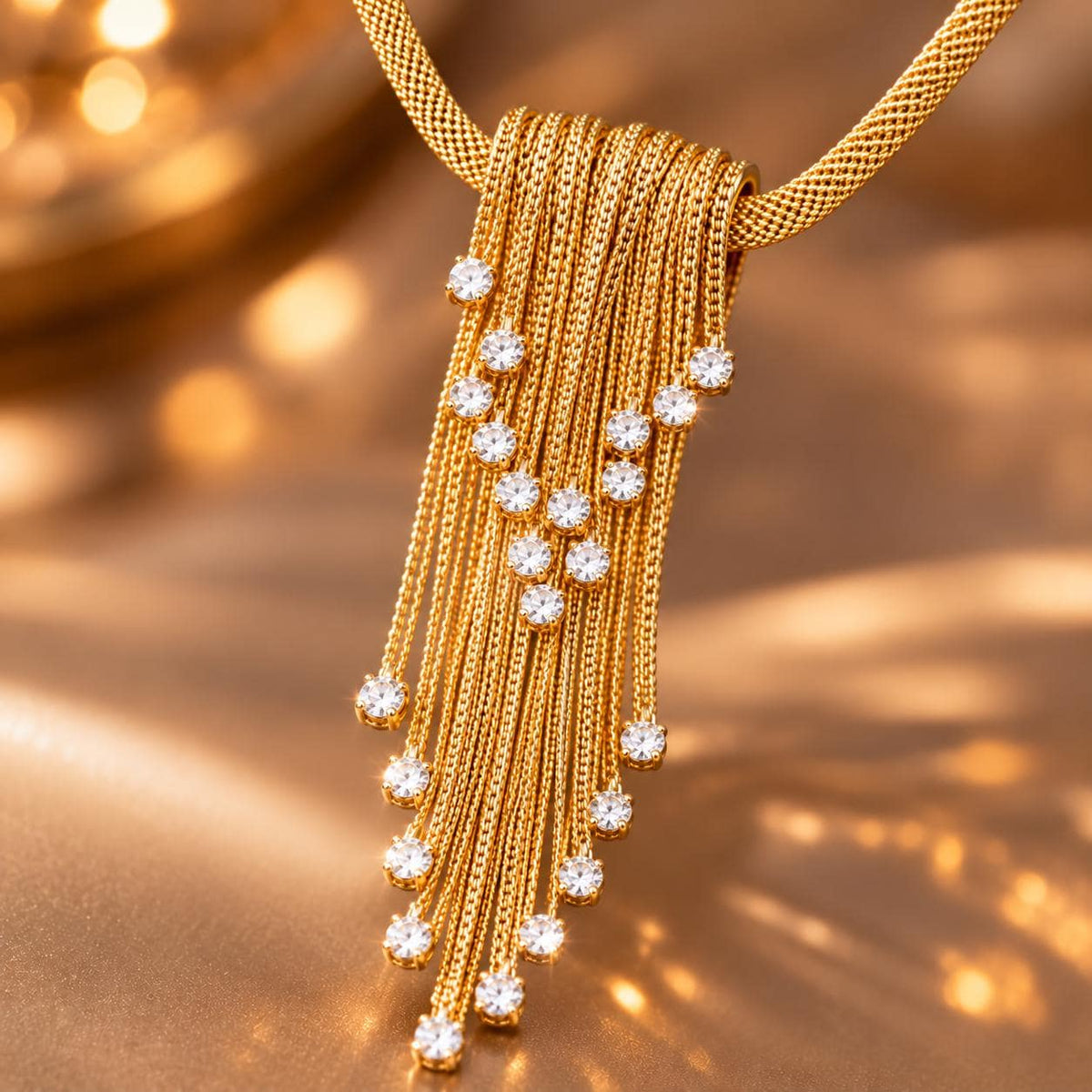 Gold tassel Y necklace with rhinestone fringe