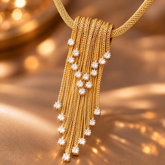 Gold tassel Y necklace with rhinestone fringe