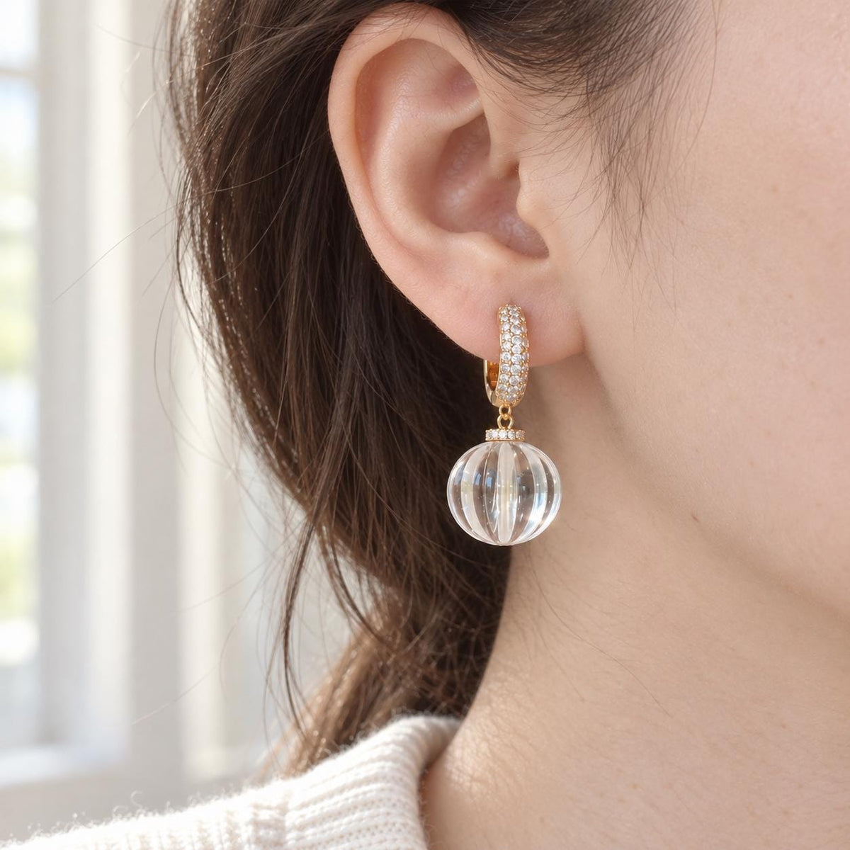 Clear glass bead earrings macro texture