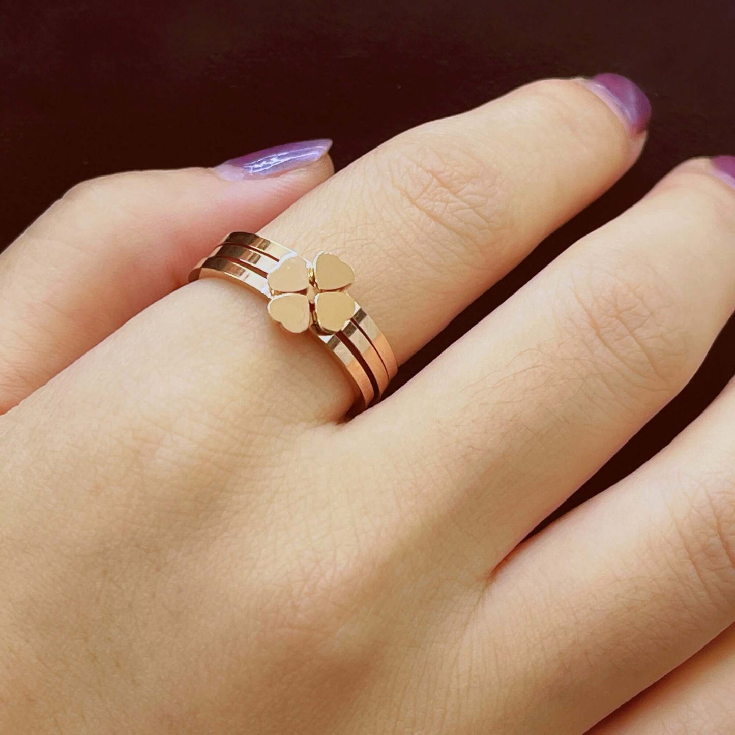 3 Pcs Stackable Heart Clover Ring Set in Rose Gold, 3 Pcs Ring Four-leaf Clover Ring for Women, Three-in-one Ring,