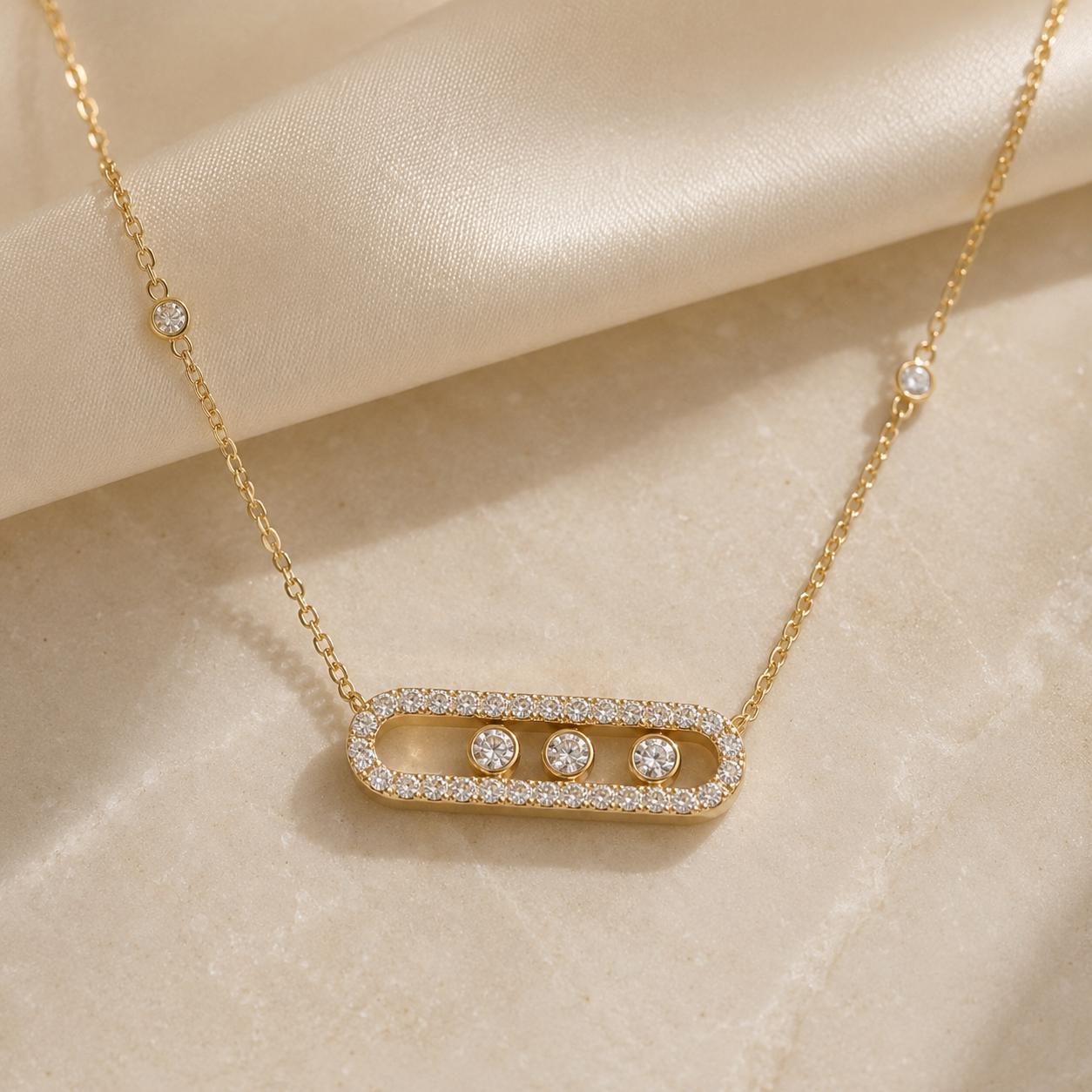 Best Sliding Three Stone CZ Necklace - Gold or Silver Minimalist Layering Pendant