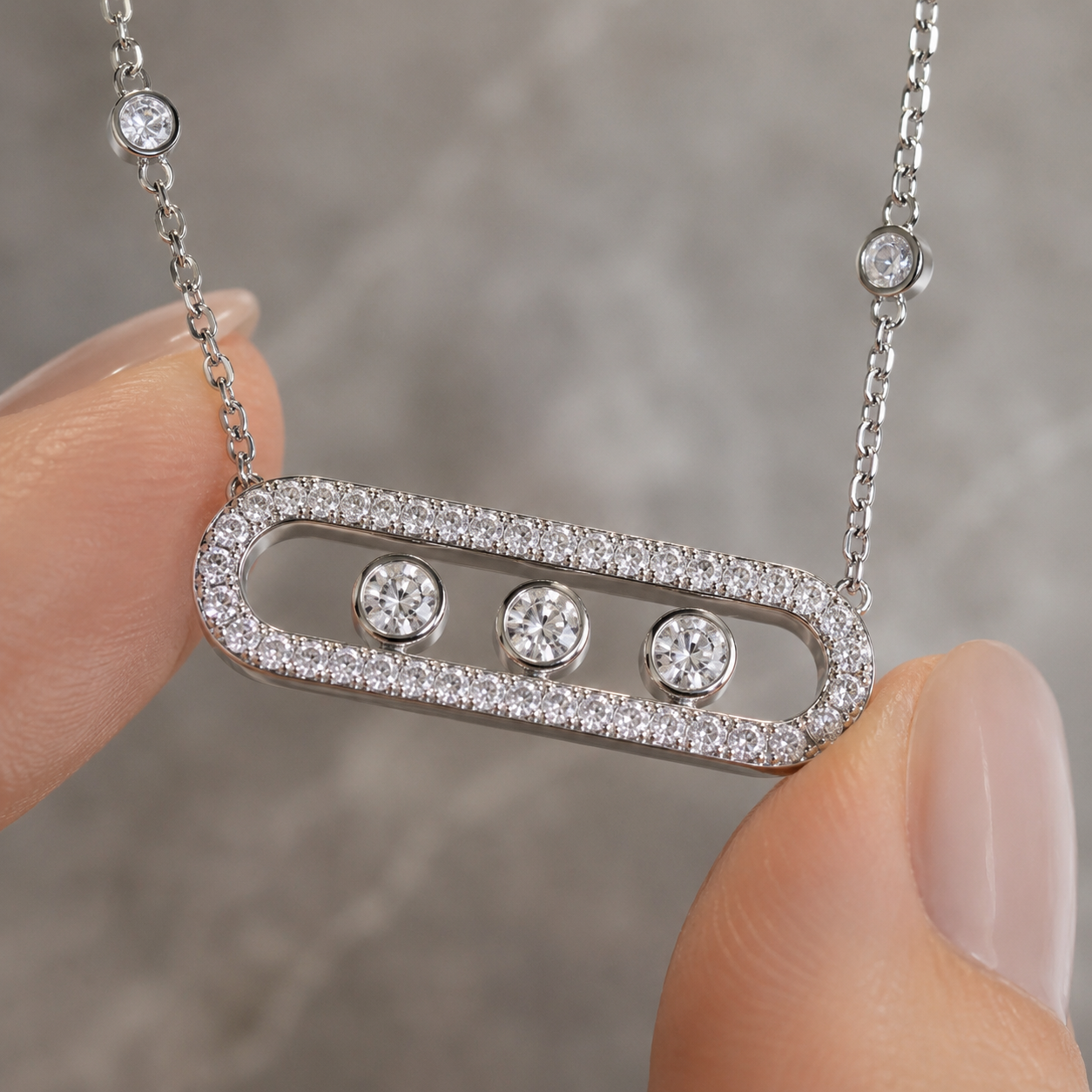 Sliding three stone CZ pave bar necklace