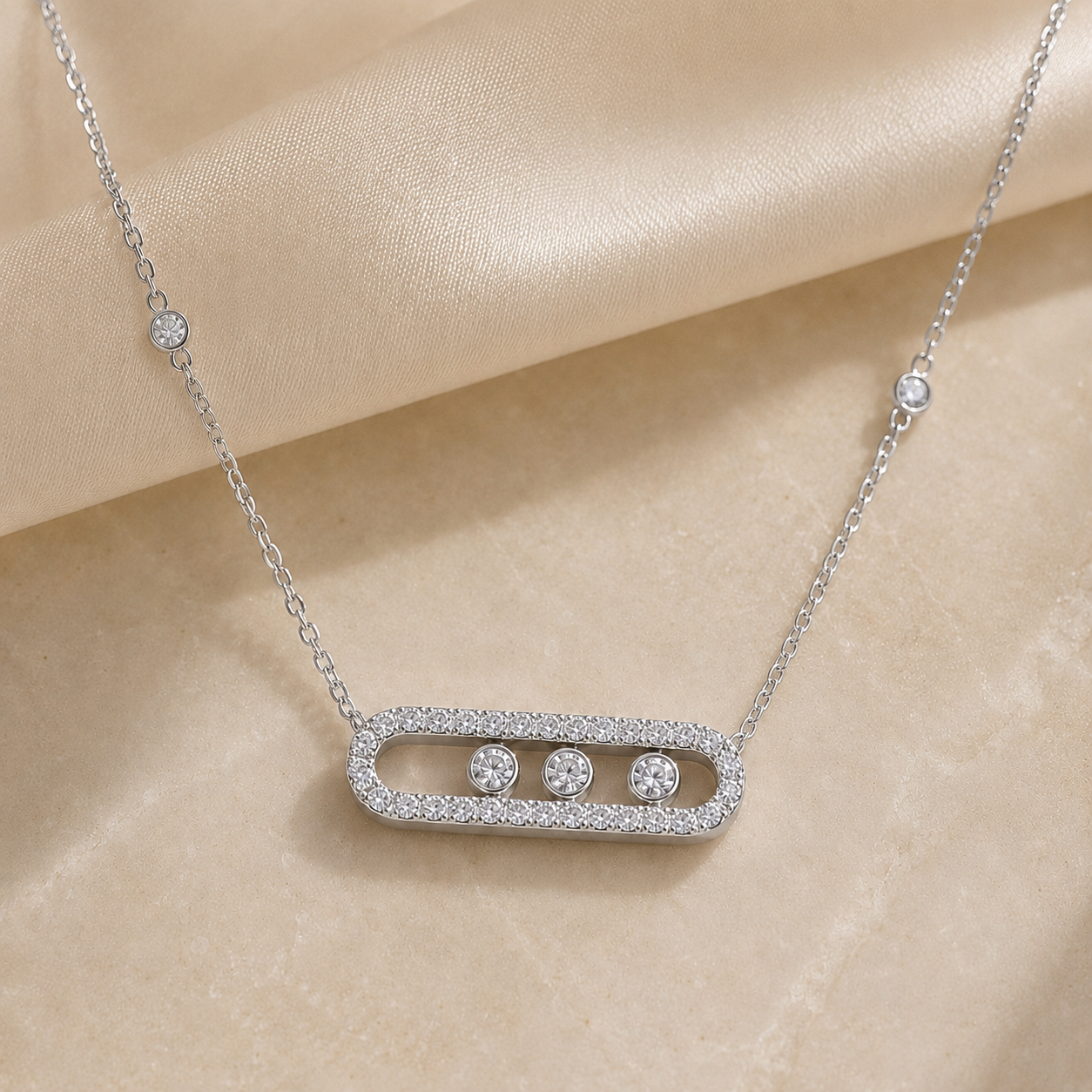 Best Sliding Three Stone CZ Necklace - Gold or Silver Minimalist Layering Pendant
