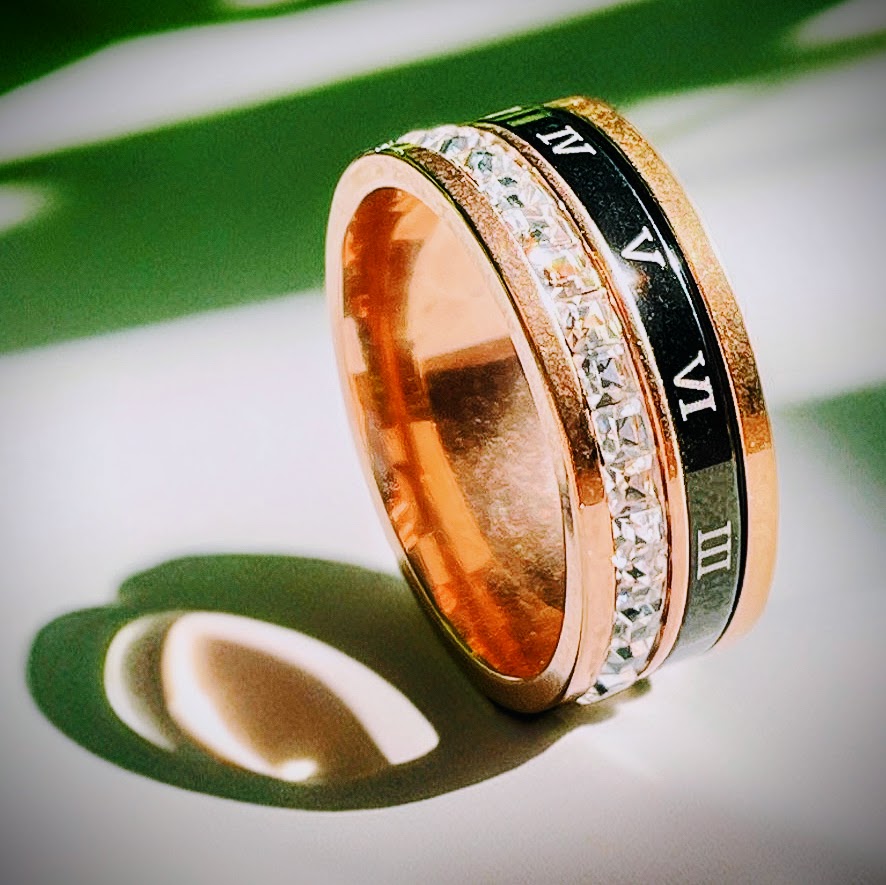 Gold Spinner Ring with Roman Numerals and Gemstones, Rose Gold Ring with Roman Numerals and Gemstones, Roman Numerals Fidget Ring with Gemstones,