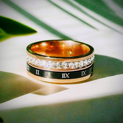 Gold Spinner Ring with Roman Numerals and Gemstones, Rose Gold Ring with Roman Numerals and Gemstones, Roman Numerals Fidget Ring with Gemstones,