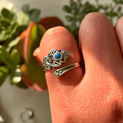 Adjustable Spoon Ring in Silver with Blue Opal
