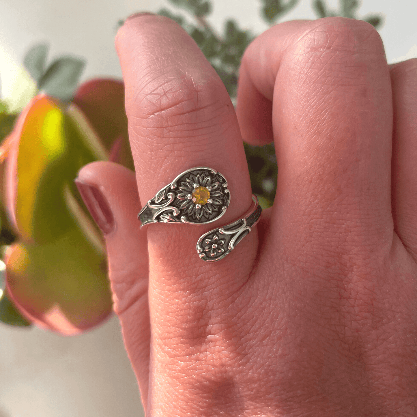 Adjustable Spoon Ring in Silver with Yellow Zircon