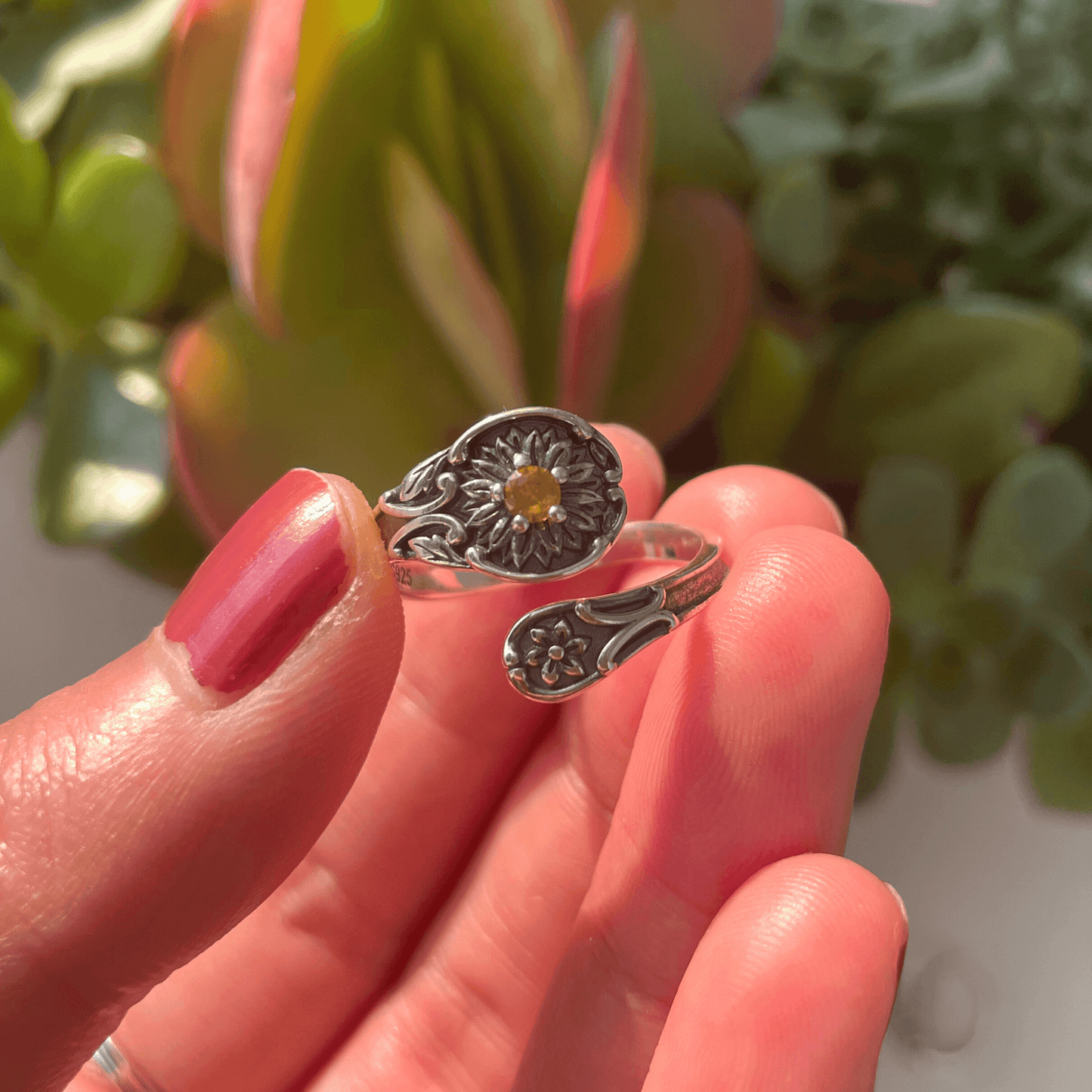 Adjustable Spoon Ring in Silver with Yellow Zircon