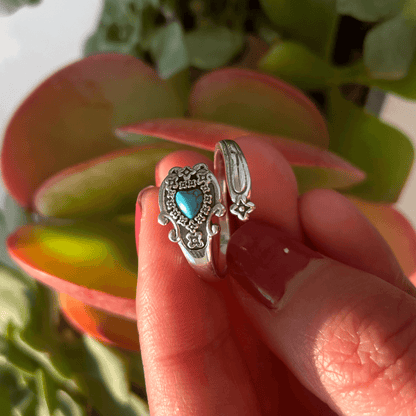 Adjustable Spoon Ring in Silver with Heart Shaped Turquoise Stone