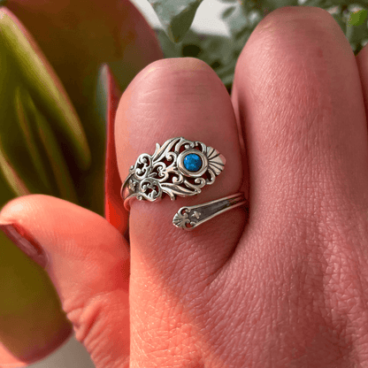 Adjustable Spoon Ring in Silver with Blue Opal