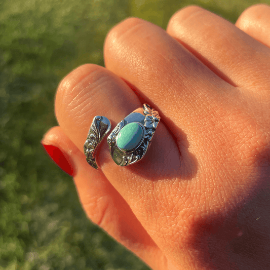 Adjustable Silver Spoon Ring with Turquoise Stone