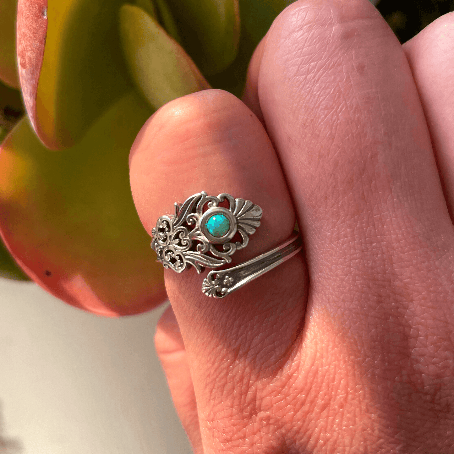 Adjustable Spoon Ring in Silver with Green Opal
