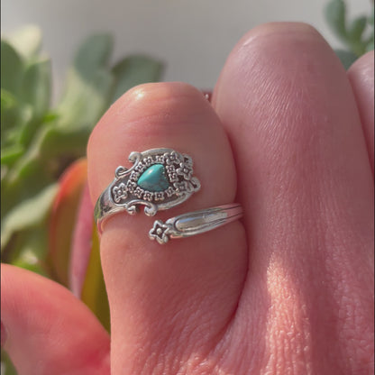 Adjustable Spoon Ring in Silver with Heart Shaped Turquoise Stone