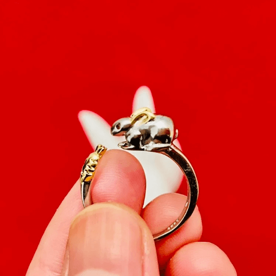 Rabbit Ring in Silver, Silver Chinese zodiac Silver Ring, Zodiac Ring, Birth Animals, Rabbit Bunny Carrot Ring,